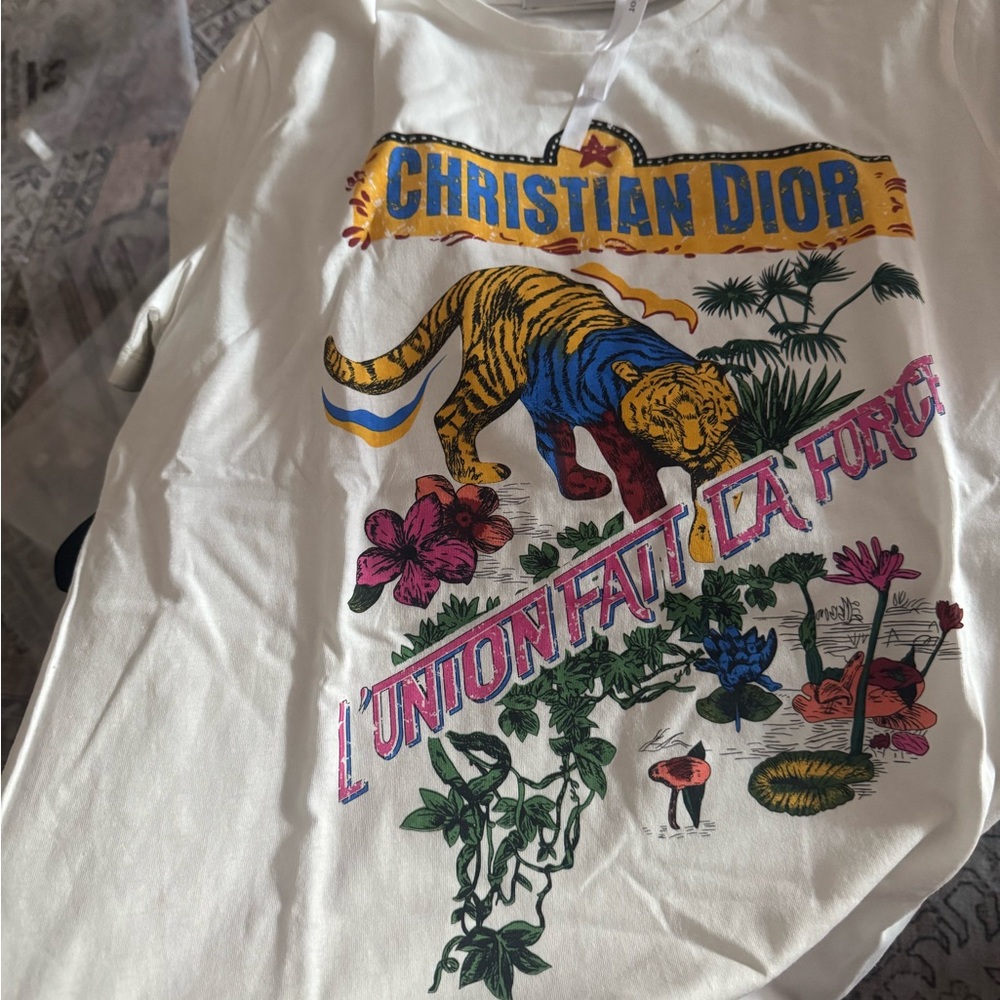 Dior White Graphic Tee with Multicolor Design